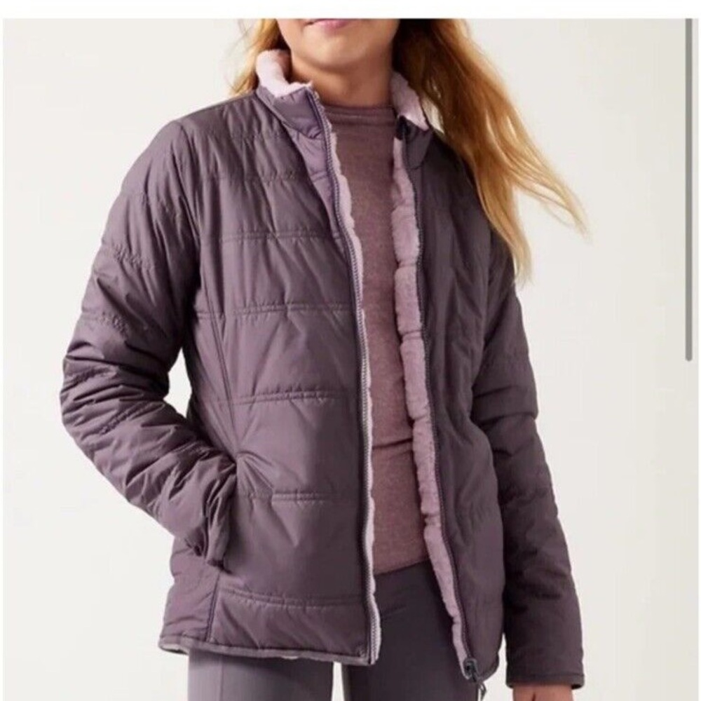 Athleta Girl Warm and Fuzzy Reversible Full Zip Up Jacket Purple Youth XL 14 NWT